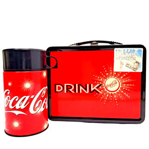 Vintage Coke Bottle Lunch Box Tin Thermos Coca-Cola 90s Retro Logo Sign Ad